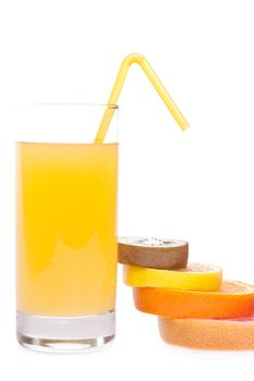 juice in glass with orange, grapefruit, kiwi and lemon on a white background