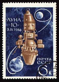 Postage stamp printed in USSR shows soviet spaceship Luna-10