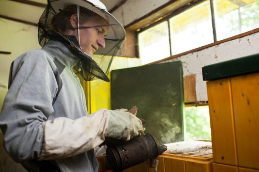 Beekeeper in an apiary holding a frame of honeycomb covered with swarming bees