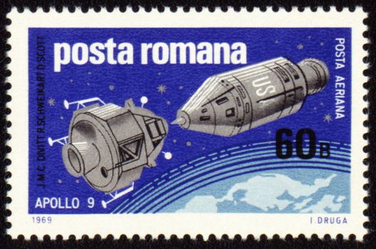 Postage stamp printed in USSR shows flight of american spaceship Apollo-9