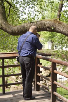 Photographer filming in the park, photographing nature, a man in a blue shirt