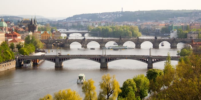 view of Prague, bridge, river. Spring look. top view.