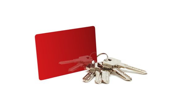 bunch of keys with a tag on a white background
