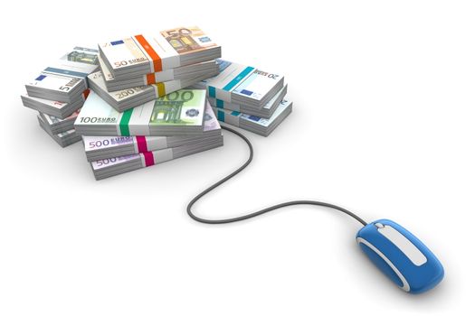 glossy blue computer mouse is connected to a big pile of euro banknotes