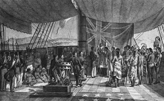 The Christening of the Kings Prime Minister in Sandwich Islands (Hawaii) on engraving from the 1800s.