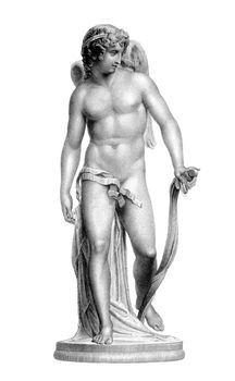 Statue of Cupid on engraving from the 1800s. Roman God of desire, affection and erotic love, that was a copy of Greek God Eros. Engraved by J.Thomson from a statue by R.Westmacott.
