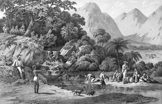 Expedition of an American squadron while in Kanaka Village, Bonin Islands, Japan on engraving from 1856. Engraved by Duval after a drawing by Heine.