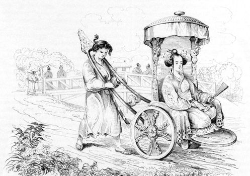 Japanese Lady in Chariot on engraving from 1834. Engraved by Beyer after a drawning by Louis Auguste de Sainson.