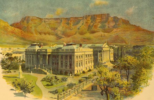 Parliament House and Table Mountain in Cape Town on engraving from 1890. Published in Cassell's History of England.