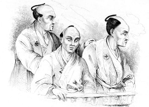 Portraits of Japanese in 19th Century on engraving from 1834. Engraved by Beyer after a drawning by Louis Auguste de Sainson.