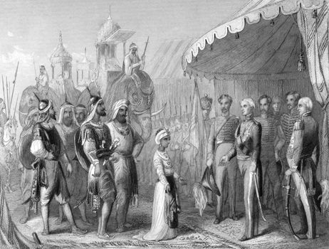 The submission of the young Maharaja Duleep Singh to Sir Henry Hardinge at the end of the 1st Sikh War on engraving from 1846. Drawn and engraved by H.K.Browne.