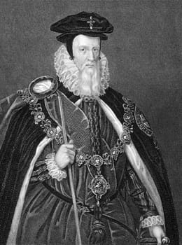 William Cecil, 1st Baron Burghley (1521-1598) on engraving from 1838. English statesman. Engraved by H.T.Ryall after a painting by MArk Gerard and published by J.Tallis & Co.