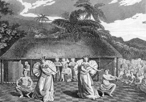 A Dance in Tahiti on engraving from 1793. Engraved by Heath after a picture by Webber and published in The Geographical Magazine. 