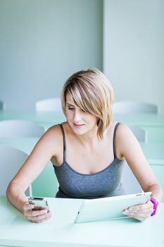 Pretty college student/businesswoman working on her tablet computer (shallow DOF; color toned image)