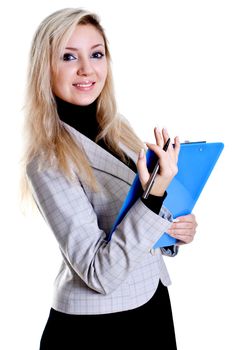 business woman in a jacket with clipboard on a white background