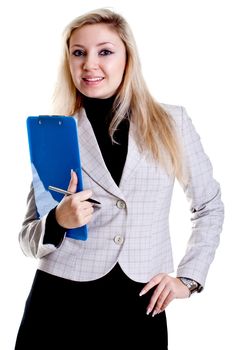 business woman in a jacket with clipboard on a white background