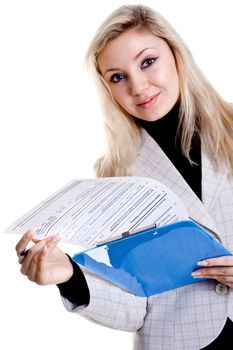 business woman in a jacket with clipboard on a white background