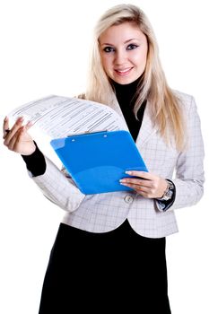 business woman in a jacket with clipboard on a white background