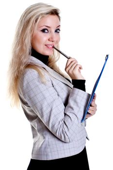 business woman in a jacket with clipboard on a white background