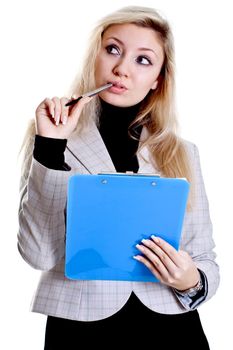 business woman in a jacket with clipboard on a white background