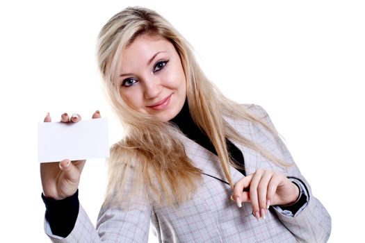 young business woman with business card on a white background