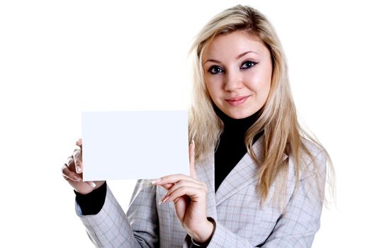 young business woman with business card on a white background