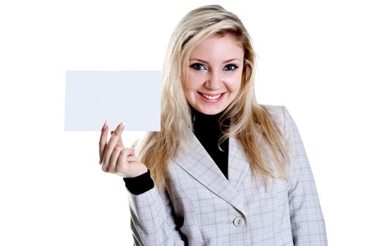 young business woman with business card on a white background