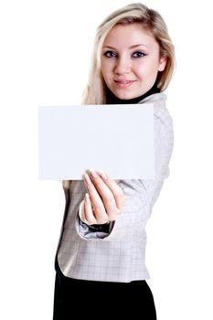 young business woman with business card on a white background