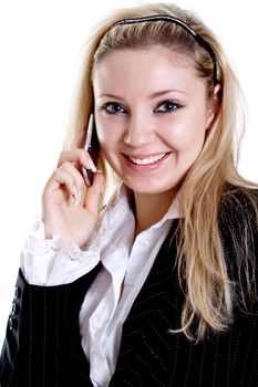 young woman using cellphone om a white background