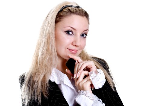 young woman using cellphone om a white background