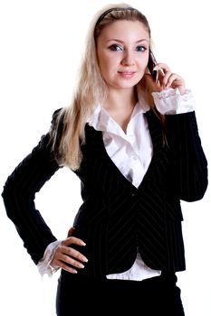 young woman using cellphone om a white background