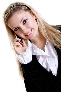 young woman using cellphone om a white background