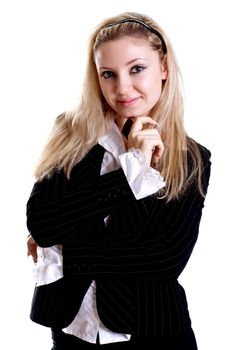 young woman using cellphone om a white background