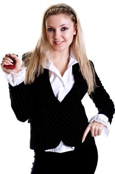 young woman using cellphone om a white background