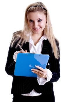 business woman in a jacket with clipboard on a white background