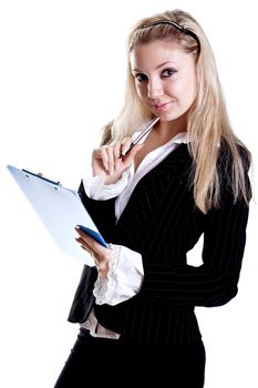 business woman in a jacket with clipboard on a white background