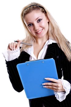 business woman in a jacket with clipboard on a white background