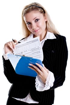 business woman in a jacket with clipboard on a white background