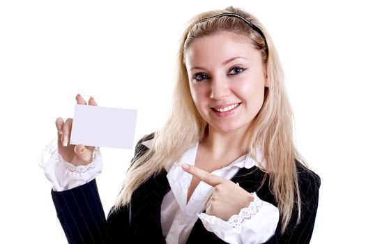 young business woman with business card on a white background