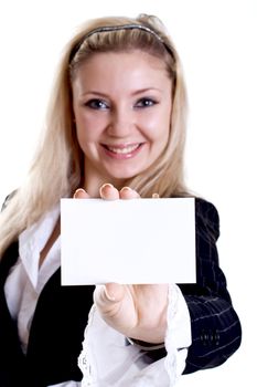 young business woman with business card on a white background