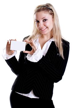 young business woman with business card on a white background