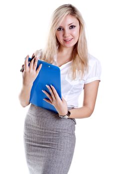 business woman in a suit with clipboard on a white background