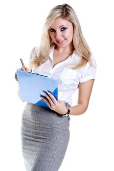 business woman in a suit with clipboard on a white background