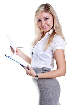 business woman in a suit with clipboard on a white background