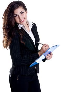 business woman in a suit with clipboard on a white background