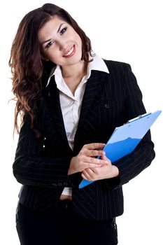business woman in a suit with clipboard on a white background