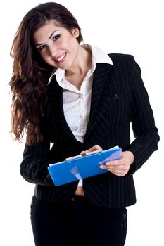 business woman in a suit with clipboard on a white background