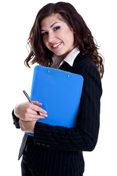 business woman in a suit with clipboard on a white background