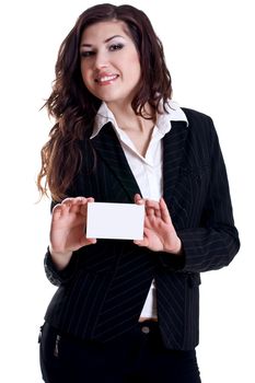 young business woman with business card on a white background