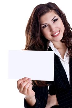 young business woman with business card on a white background